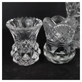 Crystal Glassware Assortment: 4 Small Vases, 1 Salt Shaker, 1 Creamer