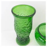 Green Glass Vases - Pair (Tall Textured Vase & Short Ribbed Vase)