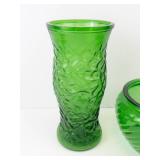 Green Glass Vases - Pair (Tall Textured Vase & Short Ribbed Vase)