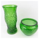 Green Glass Vases - Pair (Tall Textured Vase & Short Ribbed Vase)