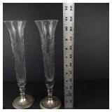 Vintage Etched Glass Bud Vases with Weighted Sterling Silver Bases (Lot of 2)