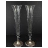 Vintage Etched Glass Bud Vases with Weighted Sterling Silver Bases (Lot of 2)