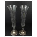 Vintage Etched Glass Bud Vases with Weighted Sterling Silver Bases (Lot of 2)