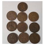 10-Old British Pennies - 97% Copper