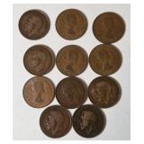 11-Old British Pennies - 97% Copper
