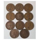 11-Old British Pennies - 97% Copper