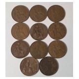11-Old British Pennies - 97% Copper