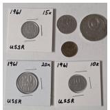 1969- 2 Kopek coin, 1961- 20 Kopek coin, 1961-10 Kopek Coin, 1961-15 Kopek Coin, 1961-20 Kopec Coin - (Coins from the Soviet Union (USSR) ) / 1870-1970 1 Ruble Coin of the Soviet Union - 100th Anniver