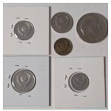 1969- 2 Kopek coin, 1961- 20 Kopek coin, 1961-10 Kopek Coin, 1961-15 Kopek Coin, 1961-20 Kopec Coin - (Coins from the Soviet Union (USSR) ) / 1870-1970 1 Ruble Coin of the Soviet Union - 100th Anniver
