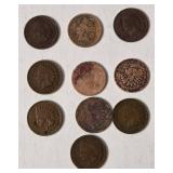 10 Indian Head Pennies - Range from 1900-1907