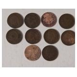 10 Indian Head Pennies - Range from 1900-1907