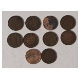 10 Indian Head Pennies - Range from 1900-1907