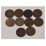 10 Indian Head Pennies - Range from 1900-1907