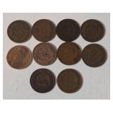 10 Indian Head Pennies - Range from 1900-1907