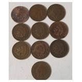 10 Indian Head Pennies - Range from 1900-1907