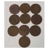 10 Indian Head Pennies - Range from 1900-1907