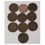10 Indian Head Pennies - Range from 1887-1898