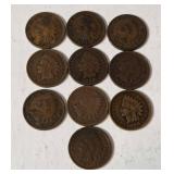 10 Indian Head Pennies - Range from 1898-1907