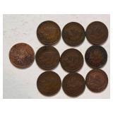 10 Indian Head Pennies - Range from 1898-1907