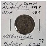 1943P 25 cent Netherlands - .624 Silver - Minted in USA
