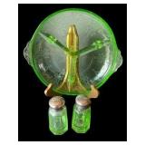 Vaseline Glass Relish Platter & Salt and Pepper Shakers