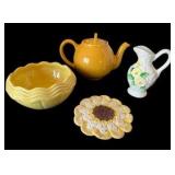 Yellow Accent Dishes - Lipton Tea Teapot, McCoy Dish, Daisy Pitcher & Sunflower Doily