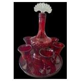 Ruby Red Decanter, Tray & 6 Matching Drinking Glasses
