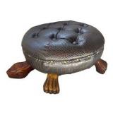 Vintage Hand Carved Wood & Leather Turtle Ottoman Stool