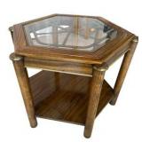 Vintage Hexagonal Walnut End Table with Glass Top & Metal Accents