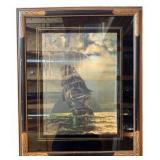 Antique Framed Gordan Grant Lithograph/Print - USS Constitution Seascape Art
