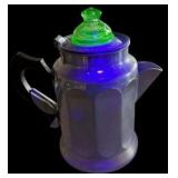 Antique Enamelware Percolator Coffee Pot Featuring A Uranium Glass Knob