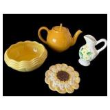 Yellow Accent Dishes - Lipton Tea Teapot, McCoy Dish, Daisy Pitcher & Sunflower Doily