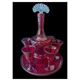 Ruby Red Decanter, Tray & 6 Matching Drinking Glasses