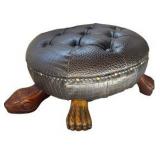 Vintage Hand Carved Wood & Leather Turtle Ottoman Stool