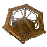 Vintage Hexagonal Walnut End Table with Glass Top & Metal Accents