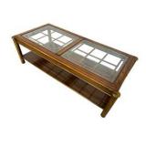 Vintage Walnut Coffee Table with Glass Top & Metal Accents