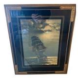 Antique Framed Gordan Grant Lithograph/Print - USS Constitution Seascape Art