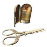 Vintage 1920's Coty Metal Purse Perfume Casket & Ornate Sewing Scissors