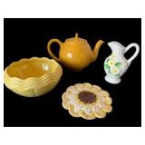 Yellow Accent Dishes - Lipton Tea Teapot, McCoy Dish, Daisy Pitcher & Sunflower Doily