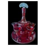 Ruby Red Decanter, Tray & 6 Matching Drinking Glasses