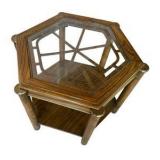 Vintage Hexagonal Walnut End Table with Glass Top & Metal Accents