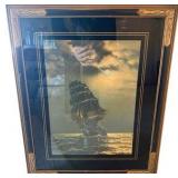 Antique Framed Gordan Grant Lithograph/Print - USS Constitution Seascape Art