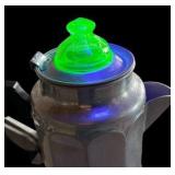 Antique Enamelware Percolator Coffee Pot Featuring A Uranium Glass Knob