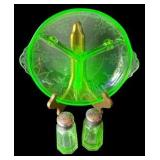 Vaseline Glass Relish Platter & Salt and Pepper Shakers