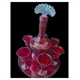 Ruby Red Decanter, Tray & 6 Matching Drinking Glasses