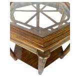 Vintage Hexagonal Walnut End Table with Glass Top & Metal Accents