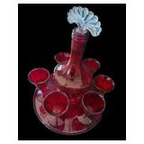 Ruby Red Decanter, Tray & 6 Matching Drinking Glasses