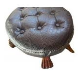 Vintage Hand Carved Wood & Leather Turtle Ottoman Stool