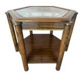 Vintage Hexagonal Walnut End Table with Glass Top & Metal Accents