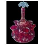 Ruby Red Decanter, Tray & 6 Matching Drinking Glasses